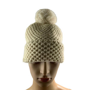 Steve Madden Woman Cream Knit Pom Pom Beanie Faux Fur Woven Pattern Hat One Size